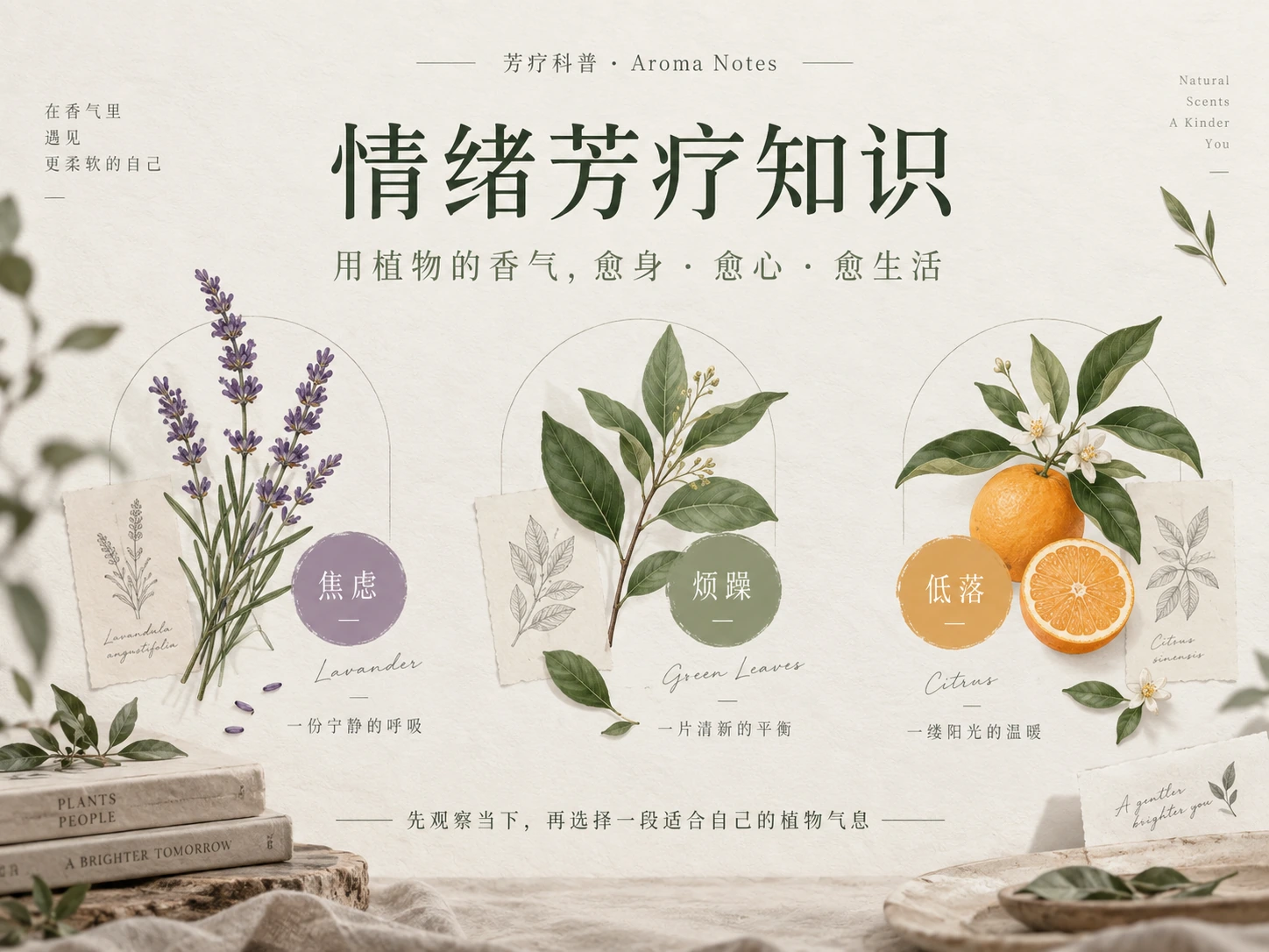 情绪芳疗知识排版初稿：薰衣草、叶片和柑橘对应焦虑、烦躁与低落三种情绪观察