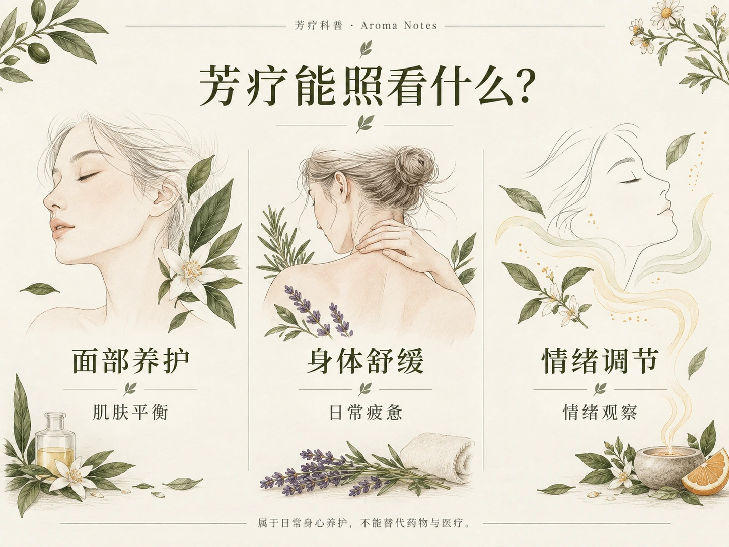 芳疗作用排版初稿：面部养护、身体舒缓与情绪调节三组植物手绘单元
