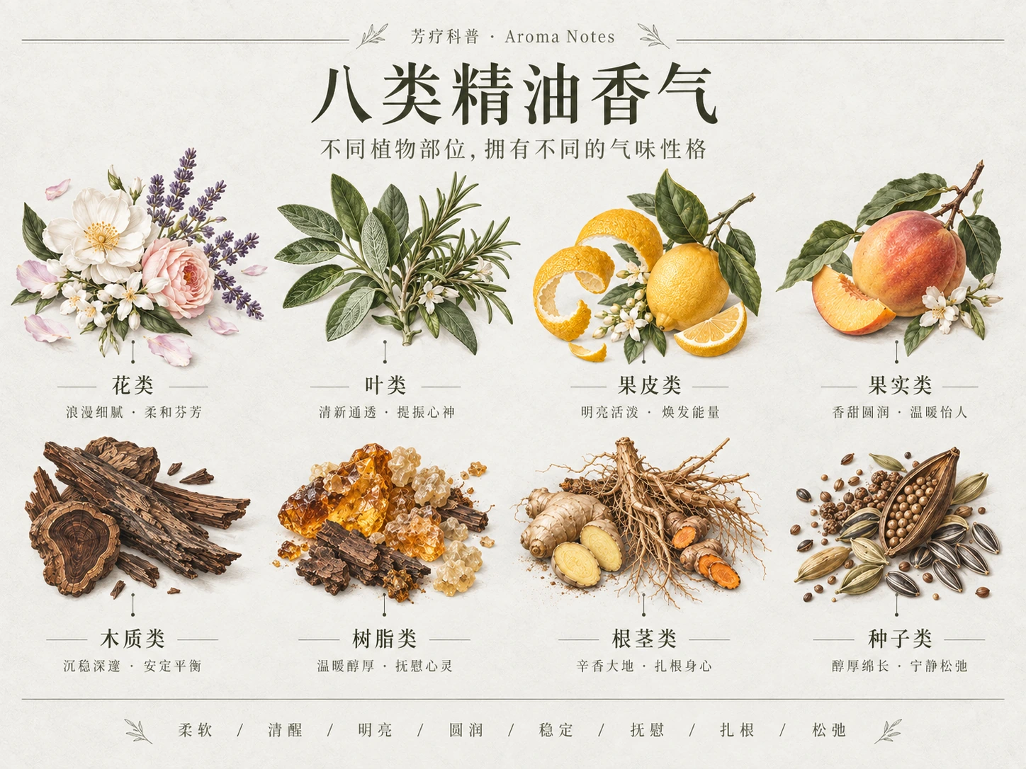 八类精油香气图文排版初稿：花类、叶类、果皮类、果实类、木质类、树脂类、根茎类与种子类