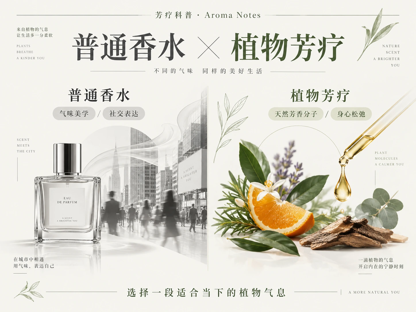 普通香水与植物芳疗对照排版初稿：香水瓶、城市气味与植物精油、柑橘和木质材料