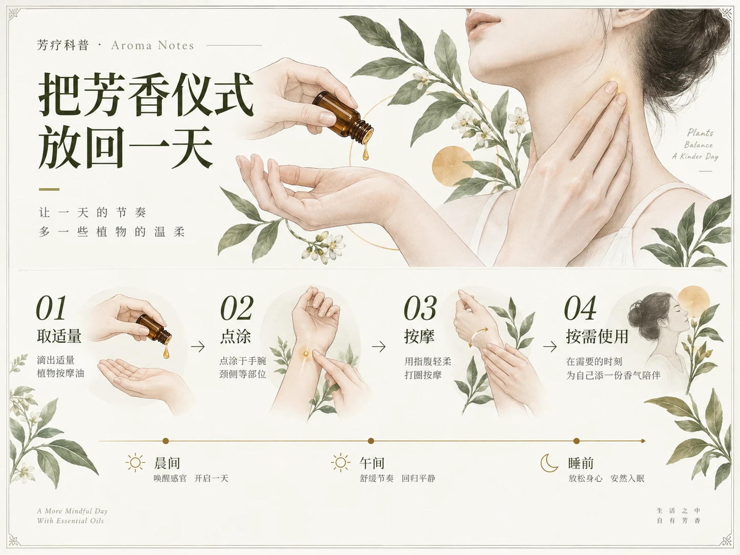 居家芳香仪式排版初稿：取适量、点涂、按摩、按需使用四步和晨间午间睡前时间轴