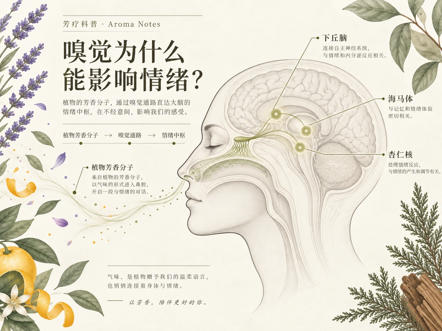 嗅觉通路图文排版初稿：植物芳香分子、嗅觉通路、情绪中枢与三个脑区说明