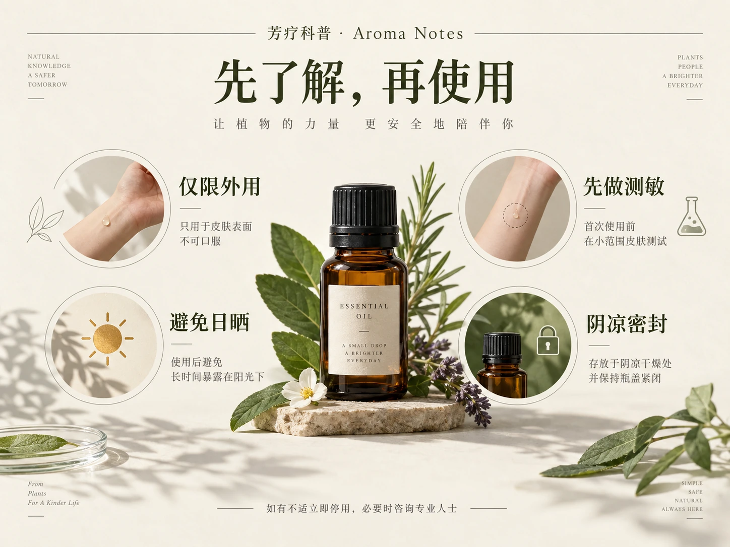 芳疗安全使用排版初稿：仅限外用、先做测敏、避免日晒与阴凉密封四项提示