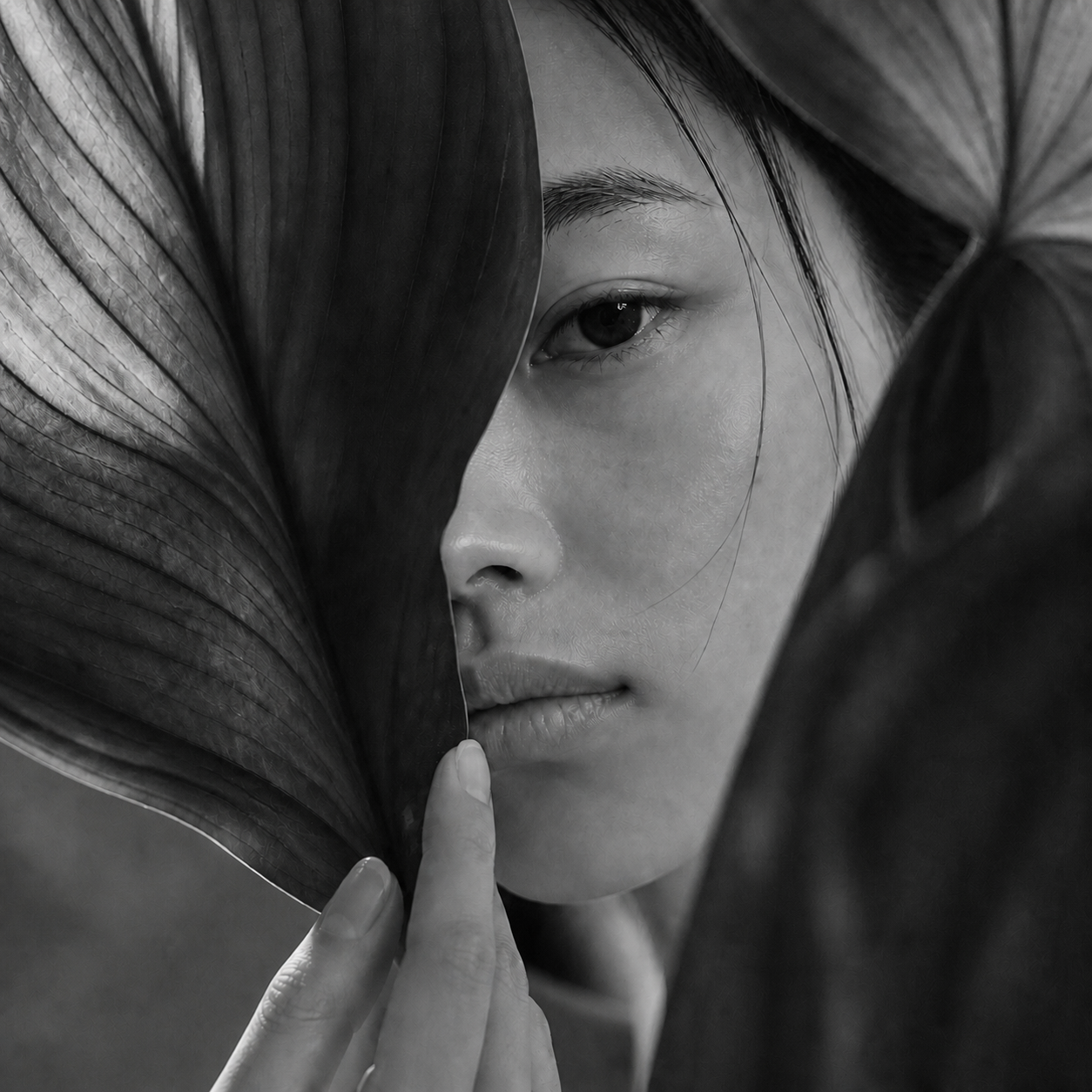 黑白女性面容与深色叶片相依构成的遇理念画面