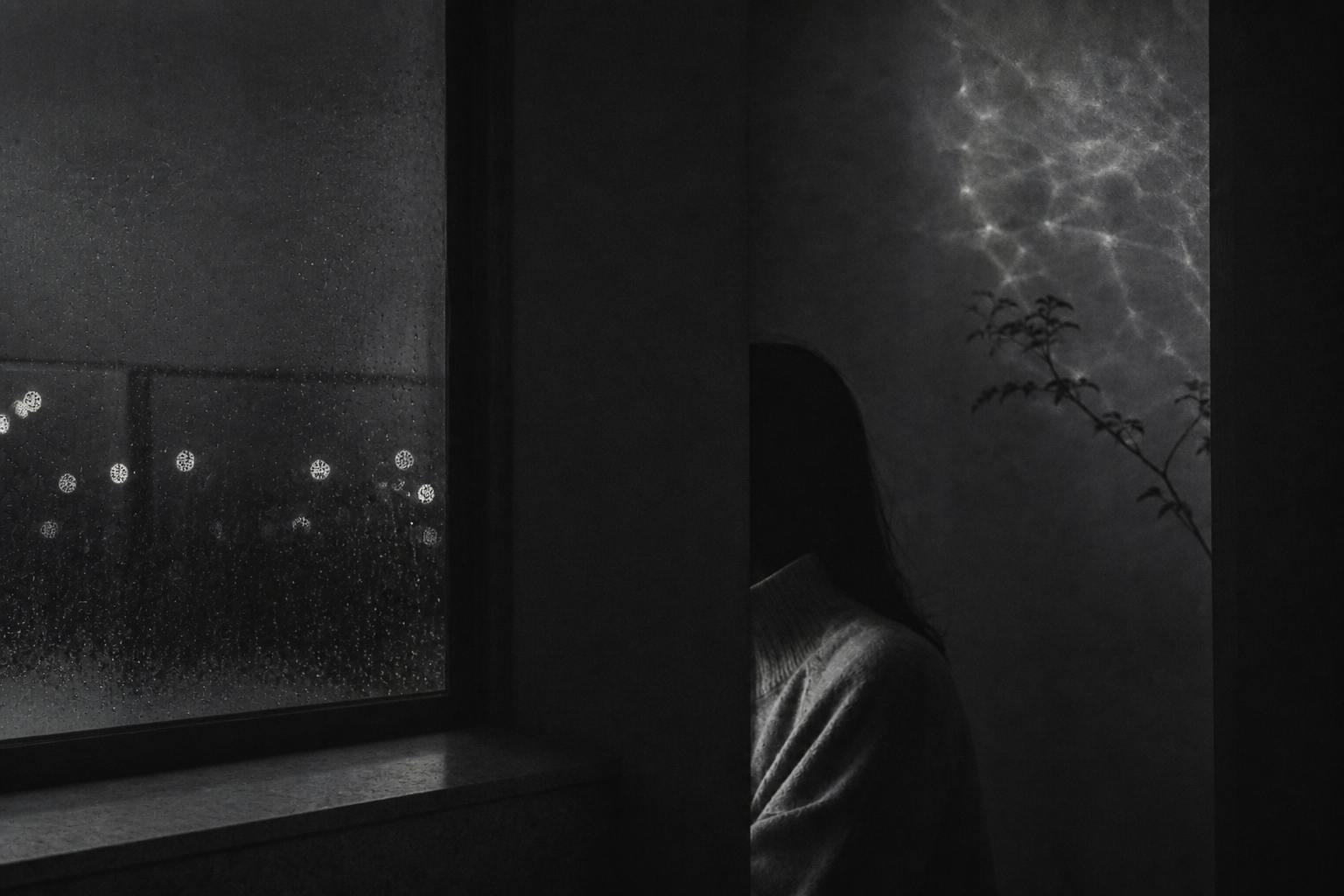 冷银盐雨夜窗景与人物暗影