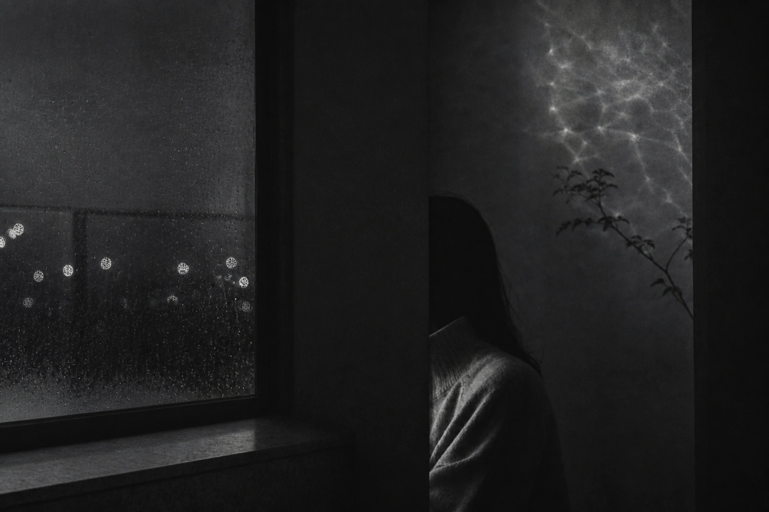 冷银盐雨夜窗景与人物暗影